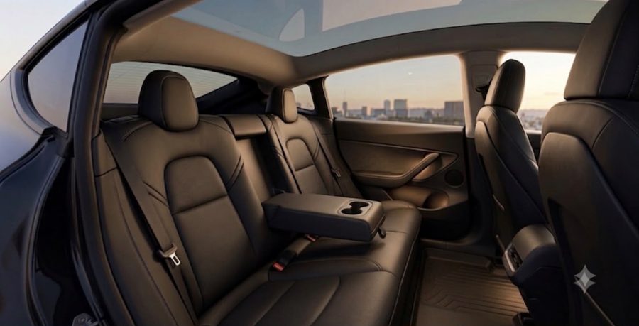 Tesla Model Y rear seating with panoramic sunroof and city skyline view